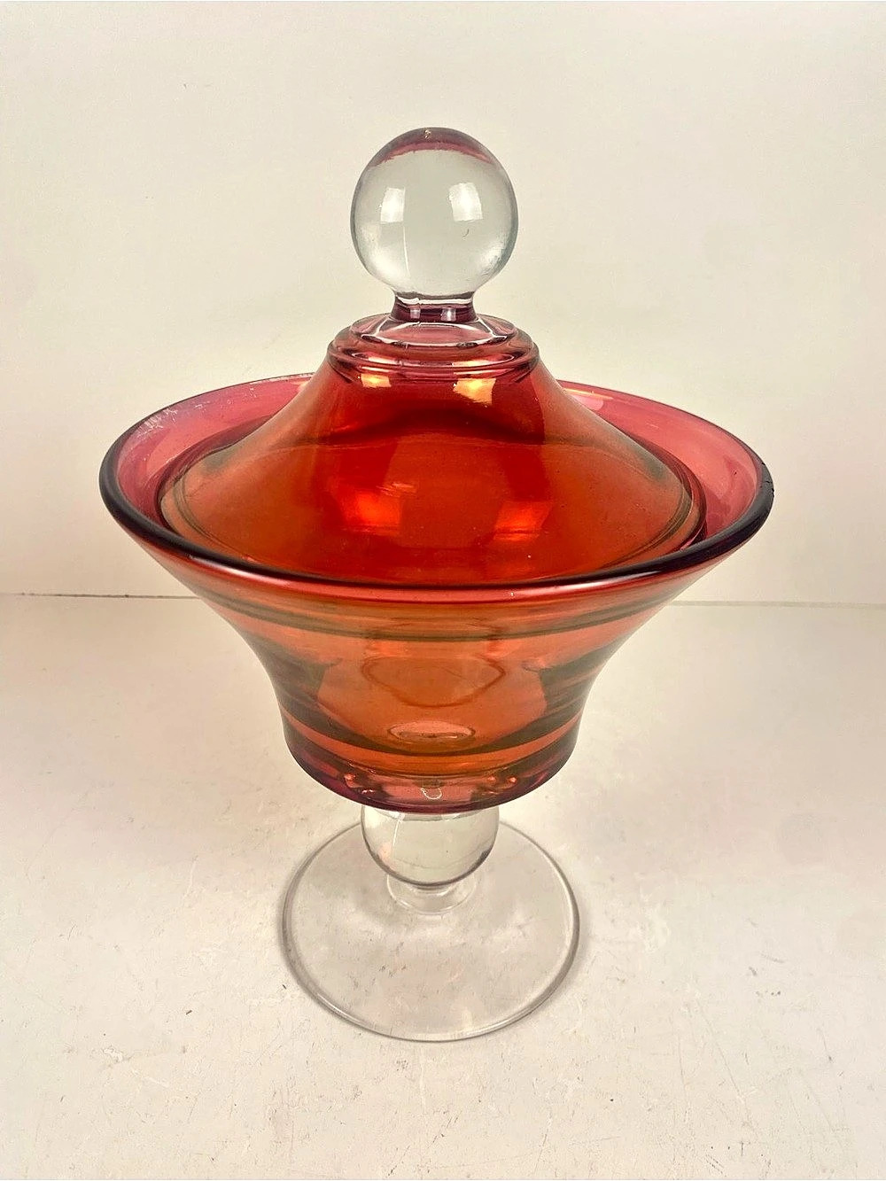 Red Glass Lidded Pedestal Bowl 6.5”x10”